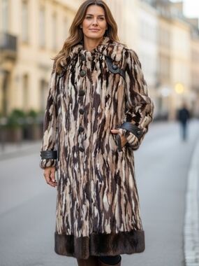 Vintage Unique Luxurious Genuine Marbled Mixed Fur Long Coat with Leather Trim